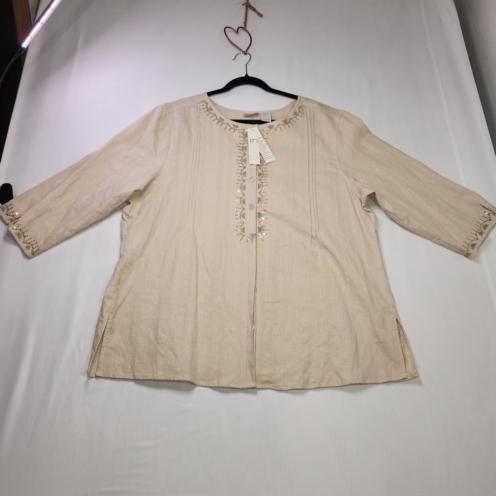 ⭐️NWT Erika Embellished Linen-Blend Shirt – ¾ Sleeve | Size XL Boho Lightweight